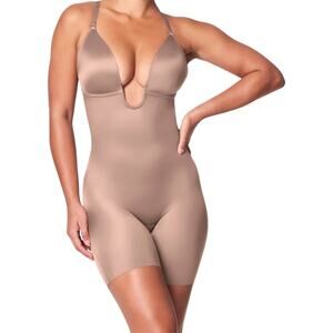Spanxshape Suit Your Fancy Plunge Low-Back Mid-Thigh Bodysuit Cafe Au Lait L